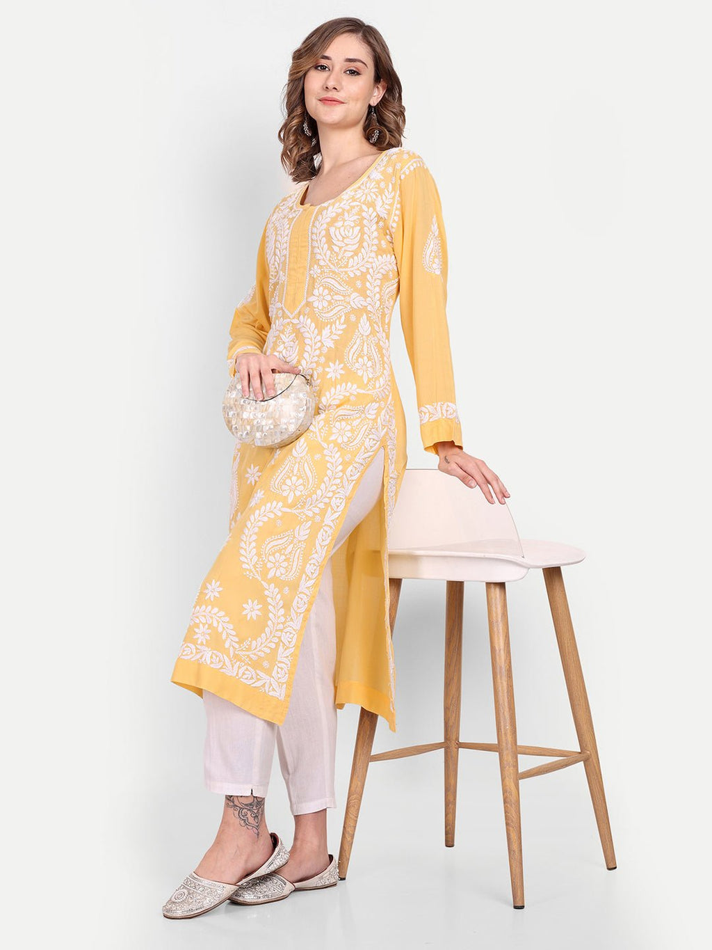 Lucknow Chikankari Hand Embroidered Long kurta Modal Cotton - Indiankala4u