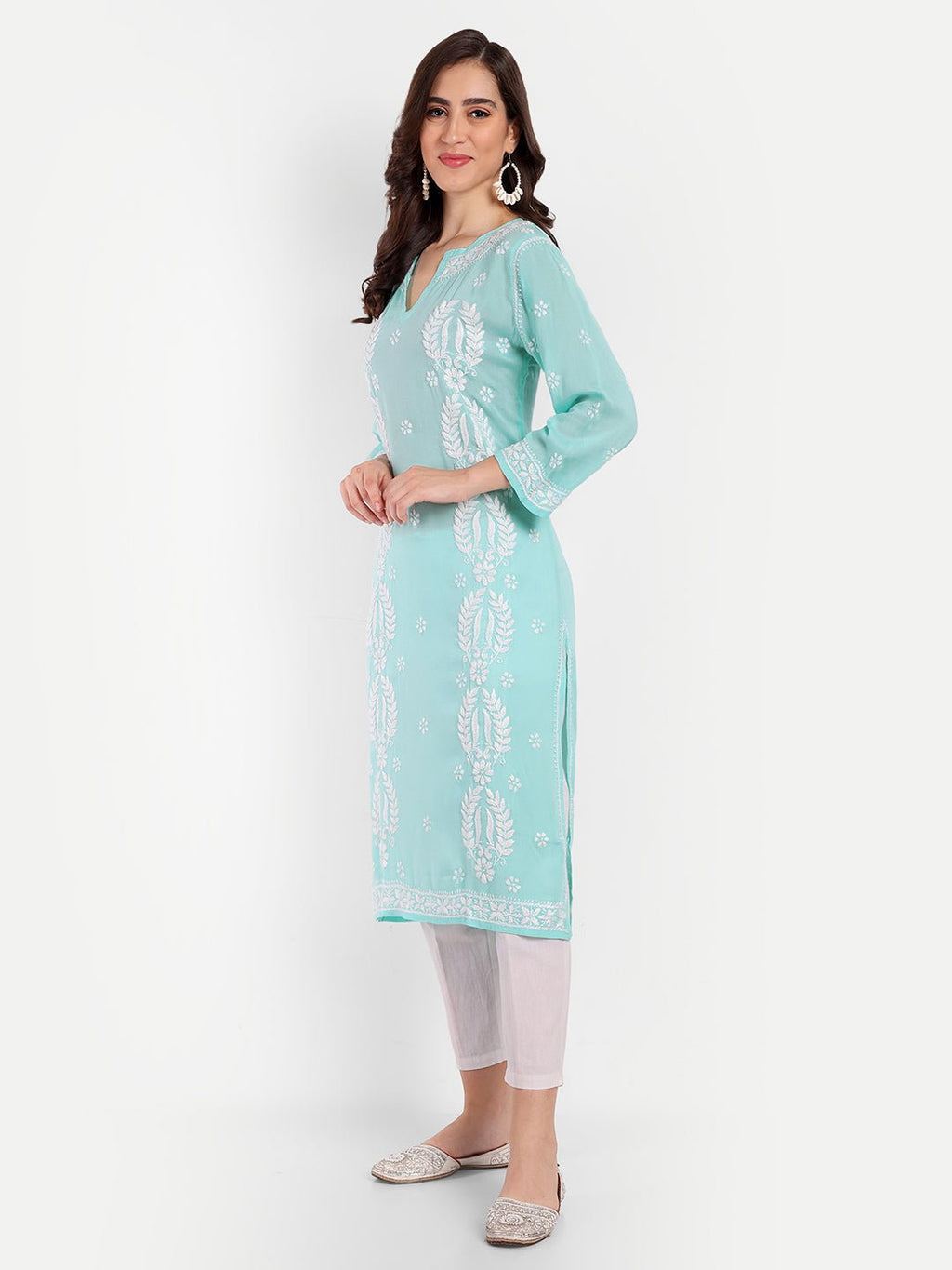Lucknow Chikankari Hand Embroidered Long kurta Modal Cotton - Indiankala4u