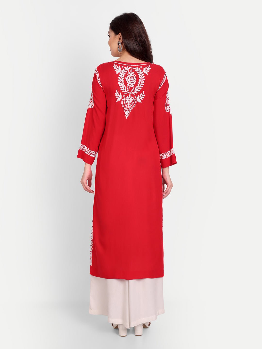 Lucknow Chikankari Hand Embroidered Long kurta Modal Cotton - Indiankala4u