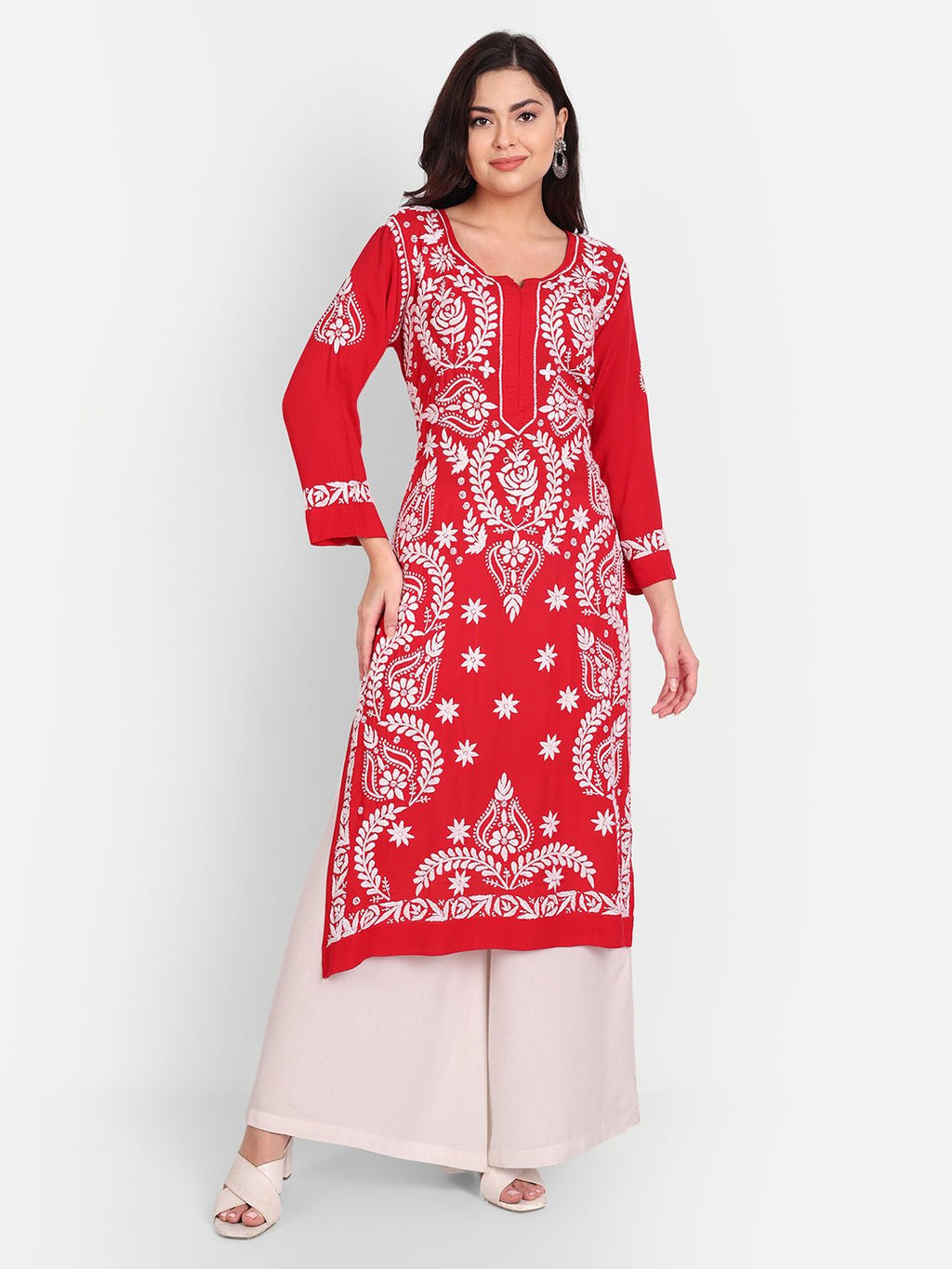 Lucknow Chikankari Hand Embroidered Long kurta Modal Cotton - Indiankala4u