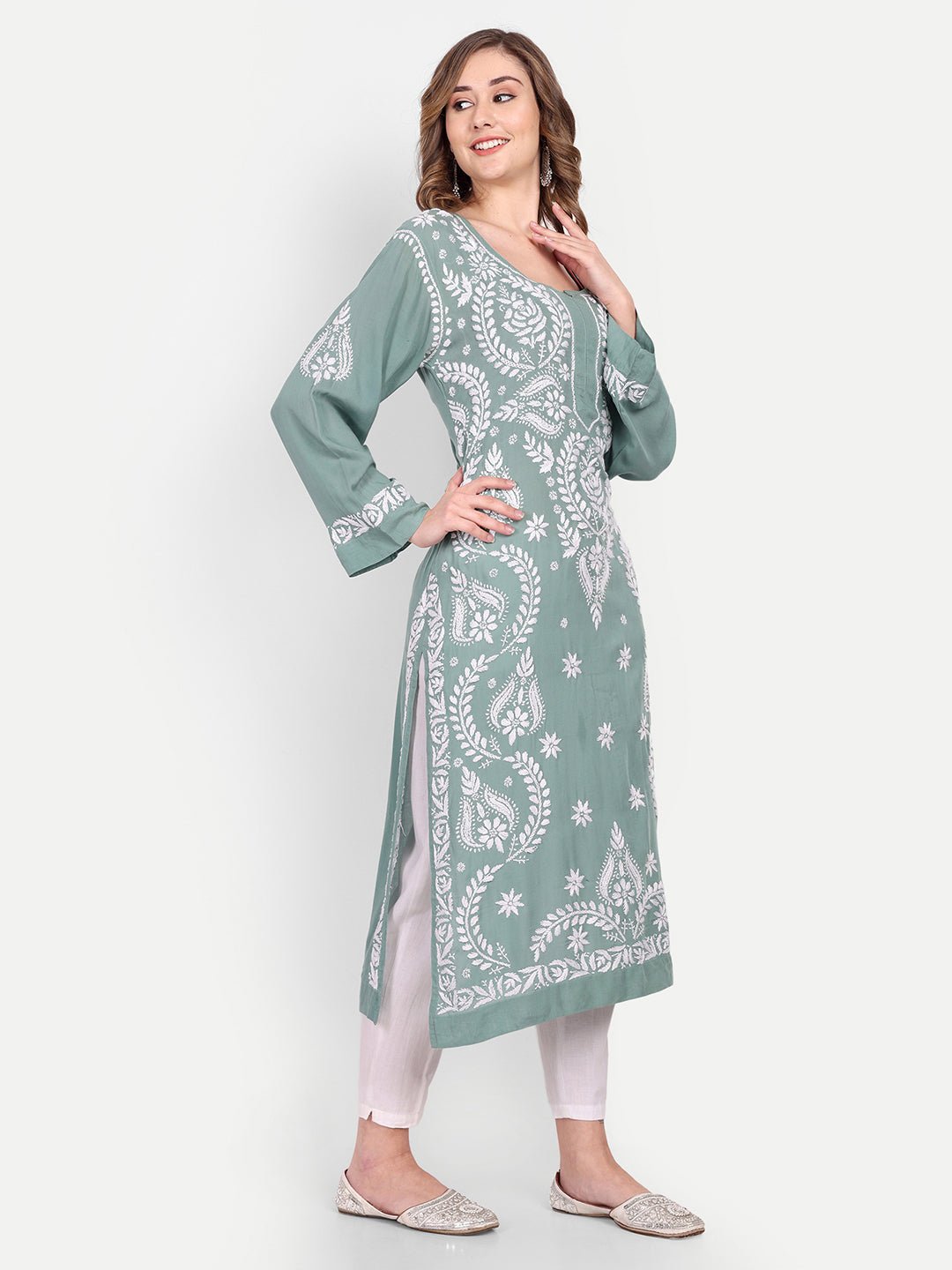 Lucknow Chikankari Hand Embroidered Long kurta Modal Cotton - Indiankala4u