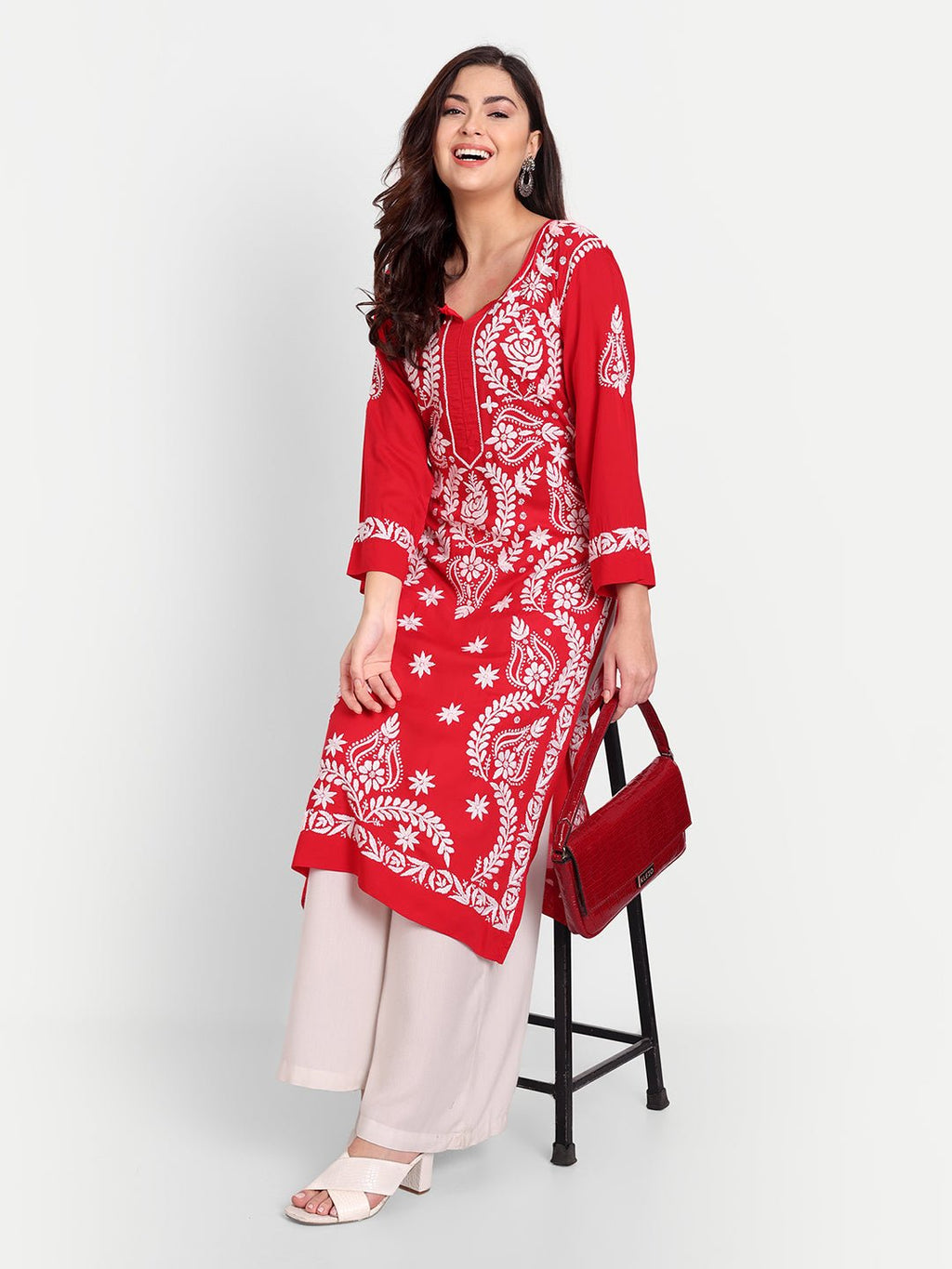 Lucknow Chikankari Hand Embroidered Long kurta Modal Cotton - Indiankala4u