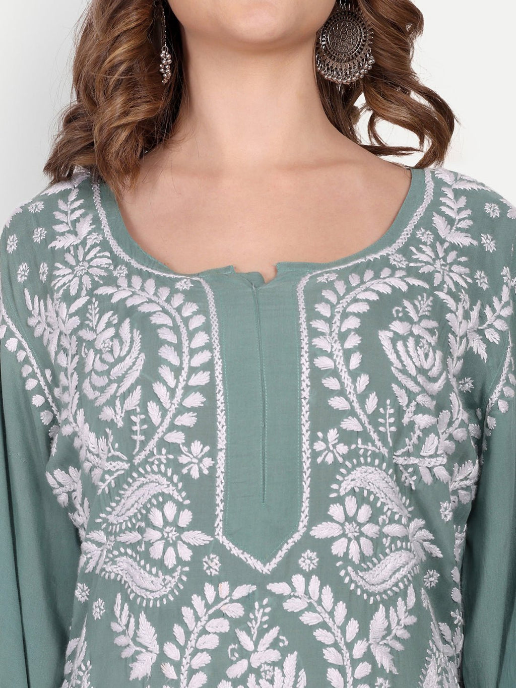 Lucknow Chikankari Hand Embroidered Long kurta Modal Cotton - Indiankala4u