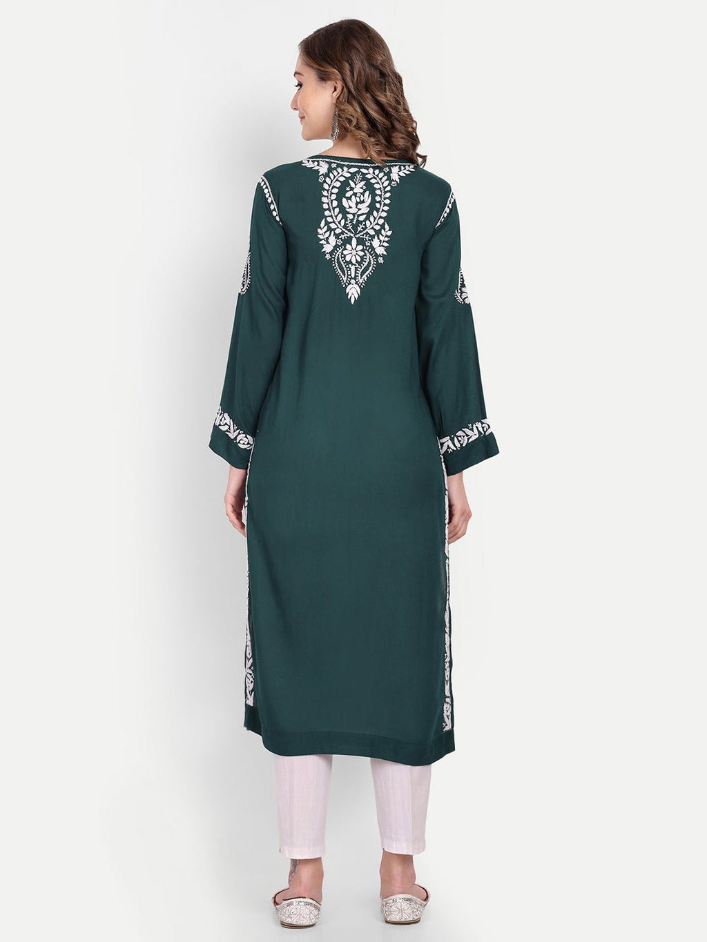 Lucknow Chikankari Hand Embroidered Long kurta Modal Cotton - Indiankala4u