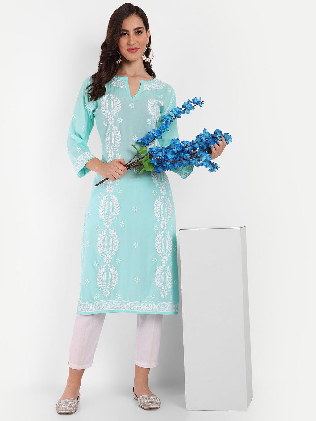 Lucknow Chikankari Hand Embroidered Long kurta Modal Cotton - Indiankala4u