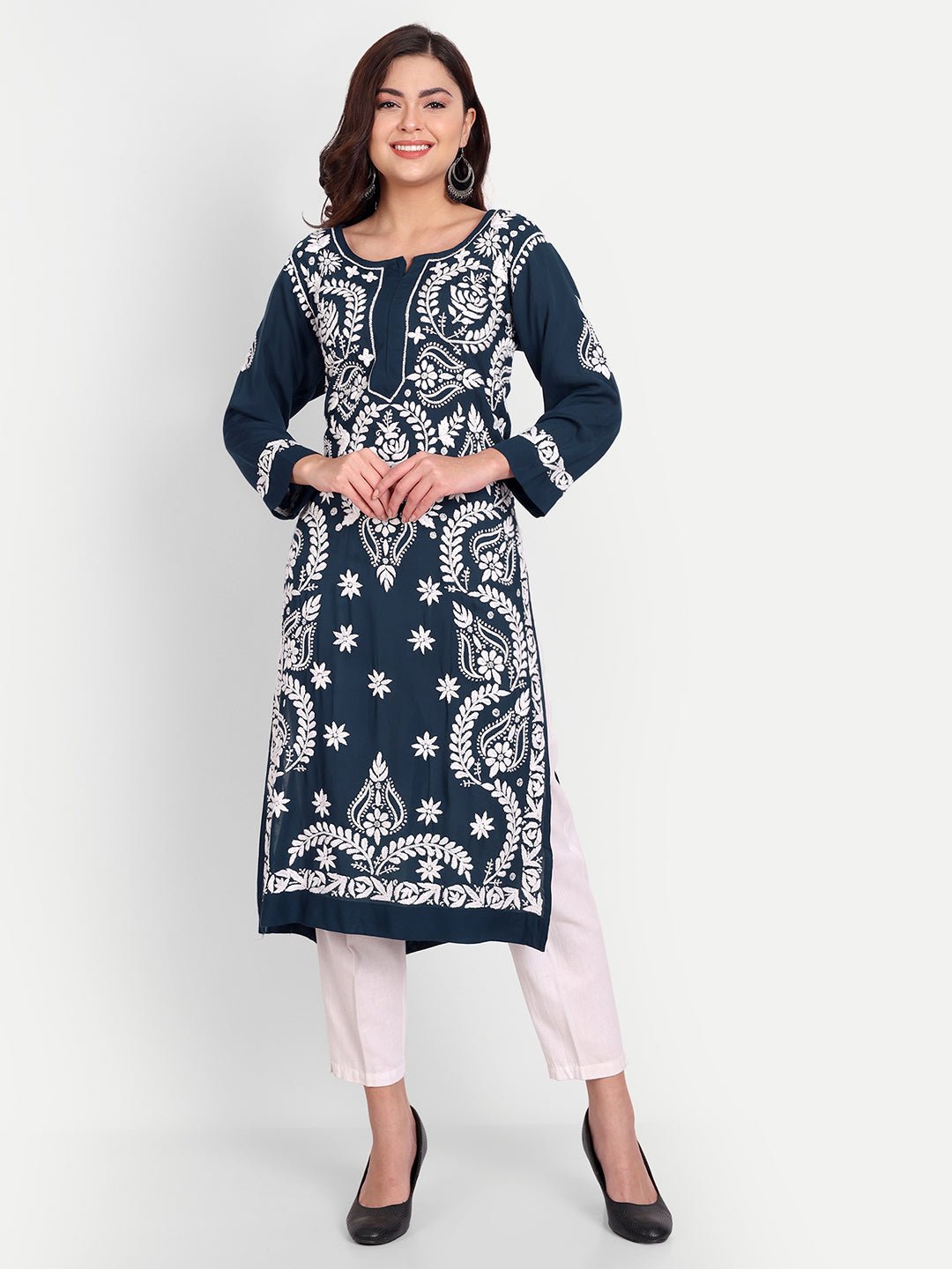 Lucknow Chikankari Hand Embroidered Long kurta Modal Cotton - Indiankala4u