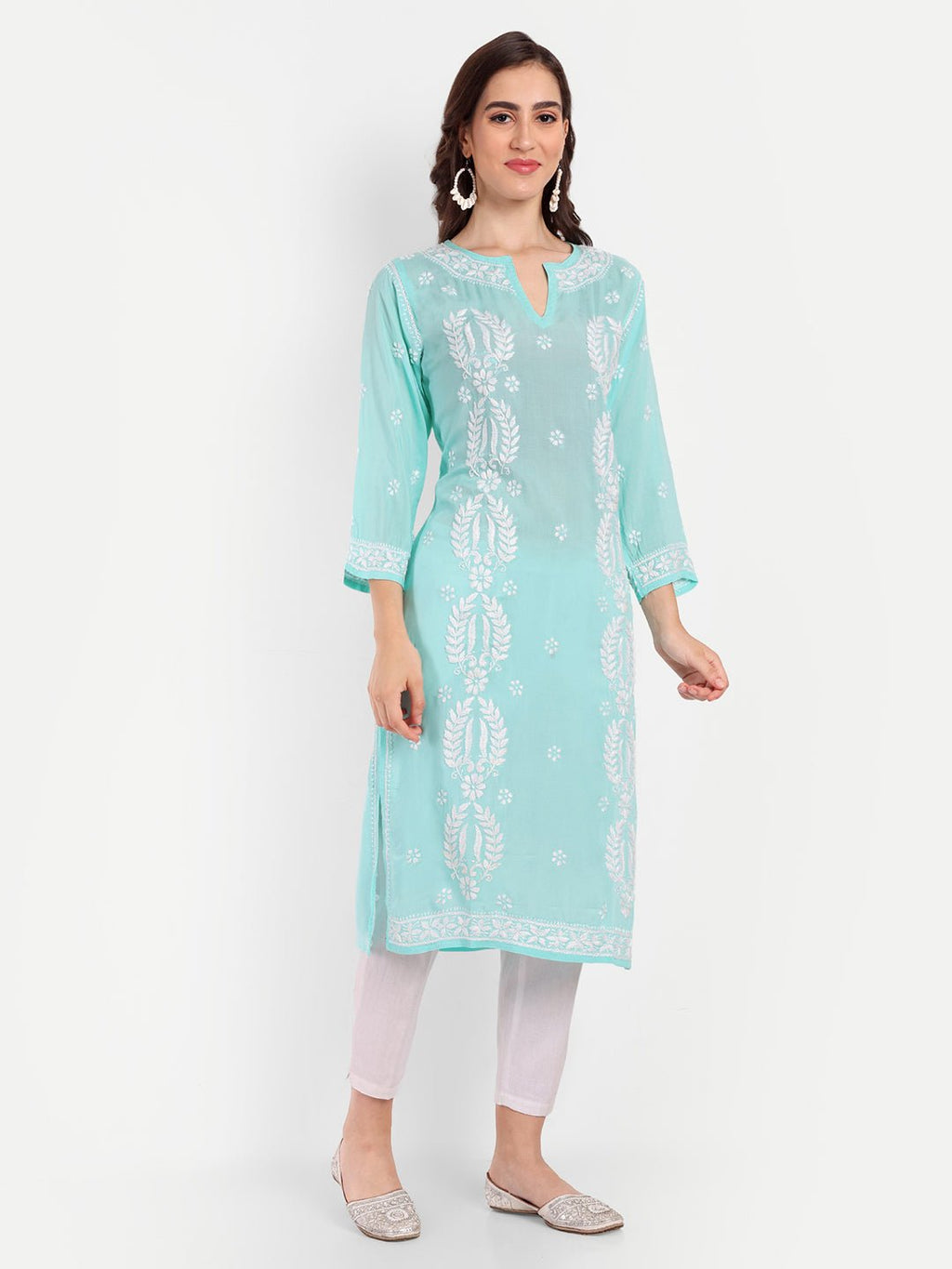 Lucknow Chikankari Hand Embroidered Long kurta Modal Cotton - Indiankala4u