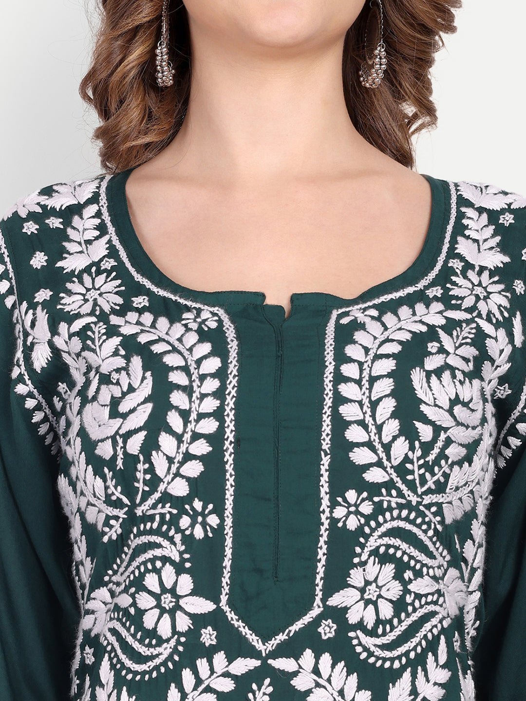 Lucknow Chikankari Hand Embroidered Long kurta Modal Cotton - Indiankala4u