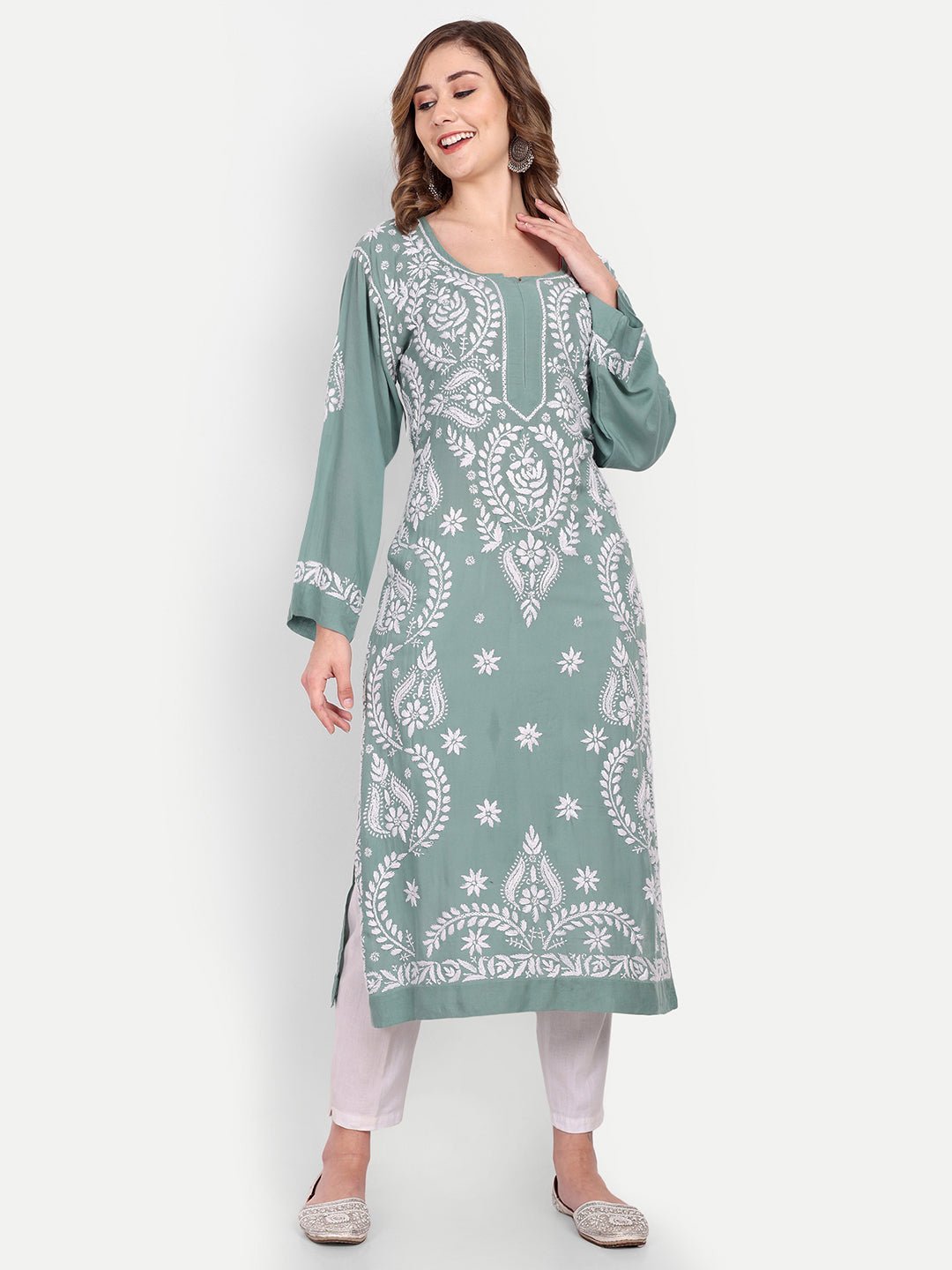 Lucknow Chikankari Hand Embroidered Long kurta Modal Cotton - Indiankala4u