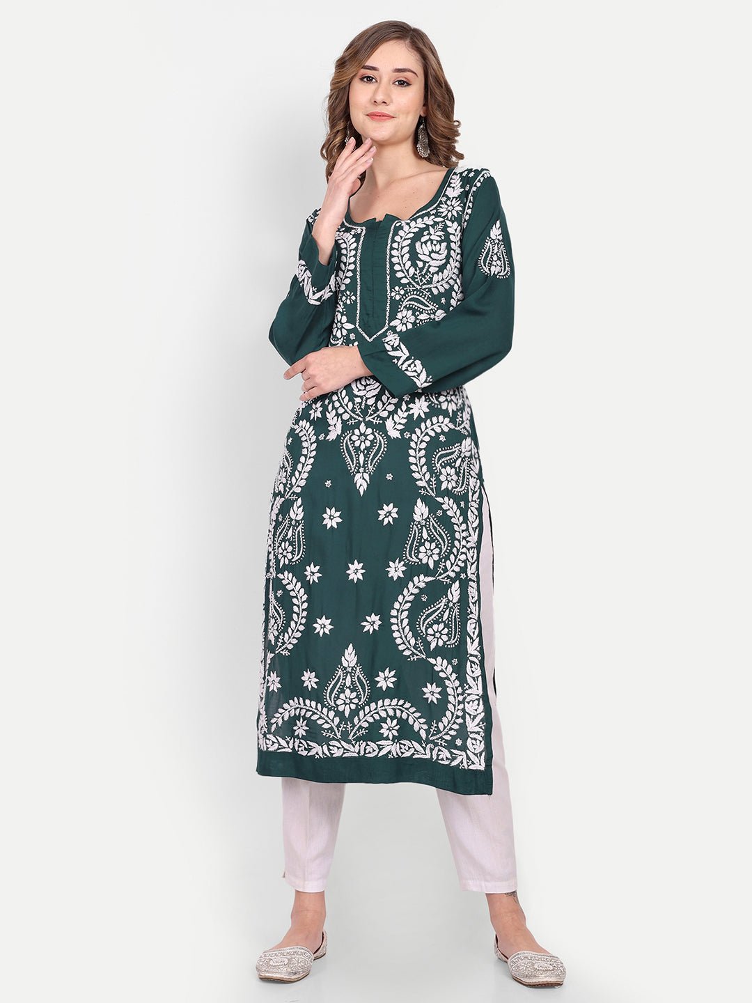 Lucknow Chikankari Hand Embroidered Long kurta Modal Cotton - Indiankala4u