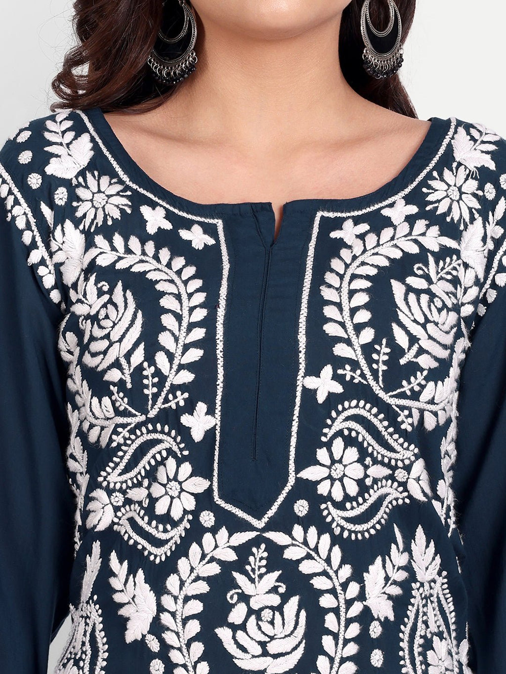 Lucknow Chikankari Hand Embroidered Long kurta Modal Cotton - Indiankala4u