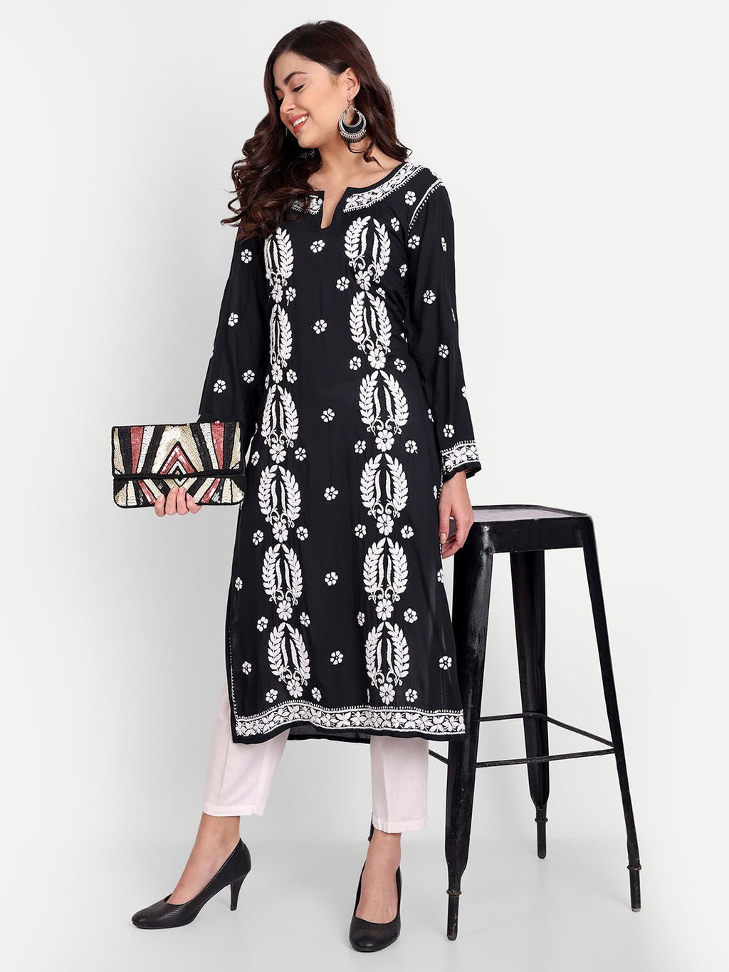 Lucknow Chikankari Hand Embroidered Long kurta Modal Cotton - Indiankala4u