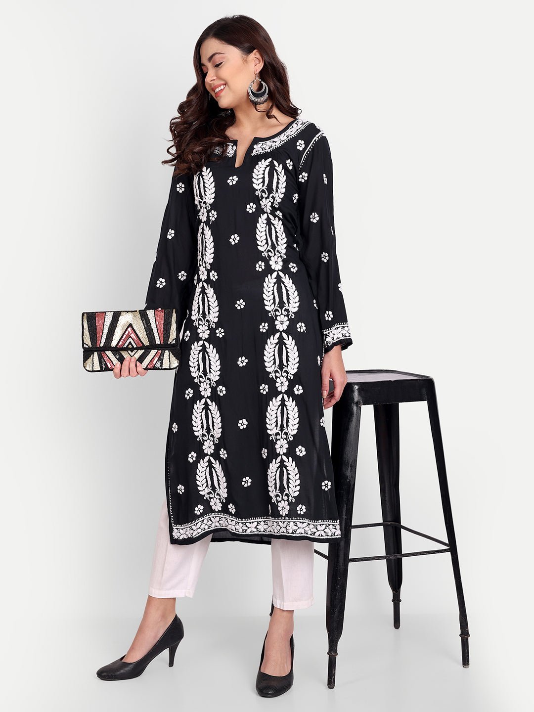 Lucknow Chikankari Hand Embroidered Long kurta Modal Cotton - Indiankala4u