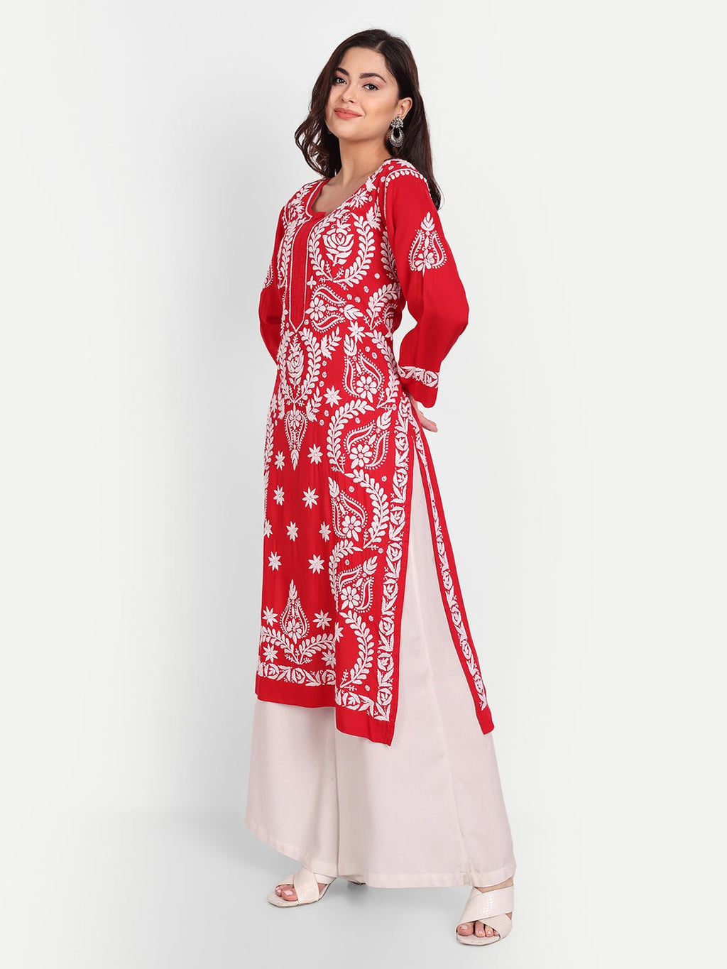 Lucknow Chikankari Hand Embroidered Long kurta Modal Cotton - Indiankala4u