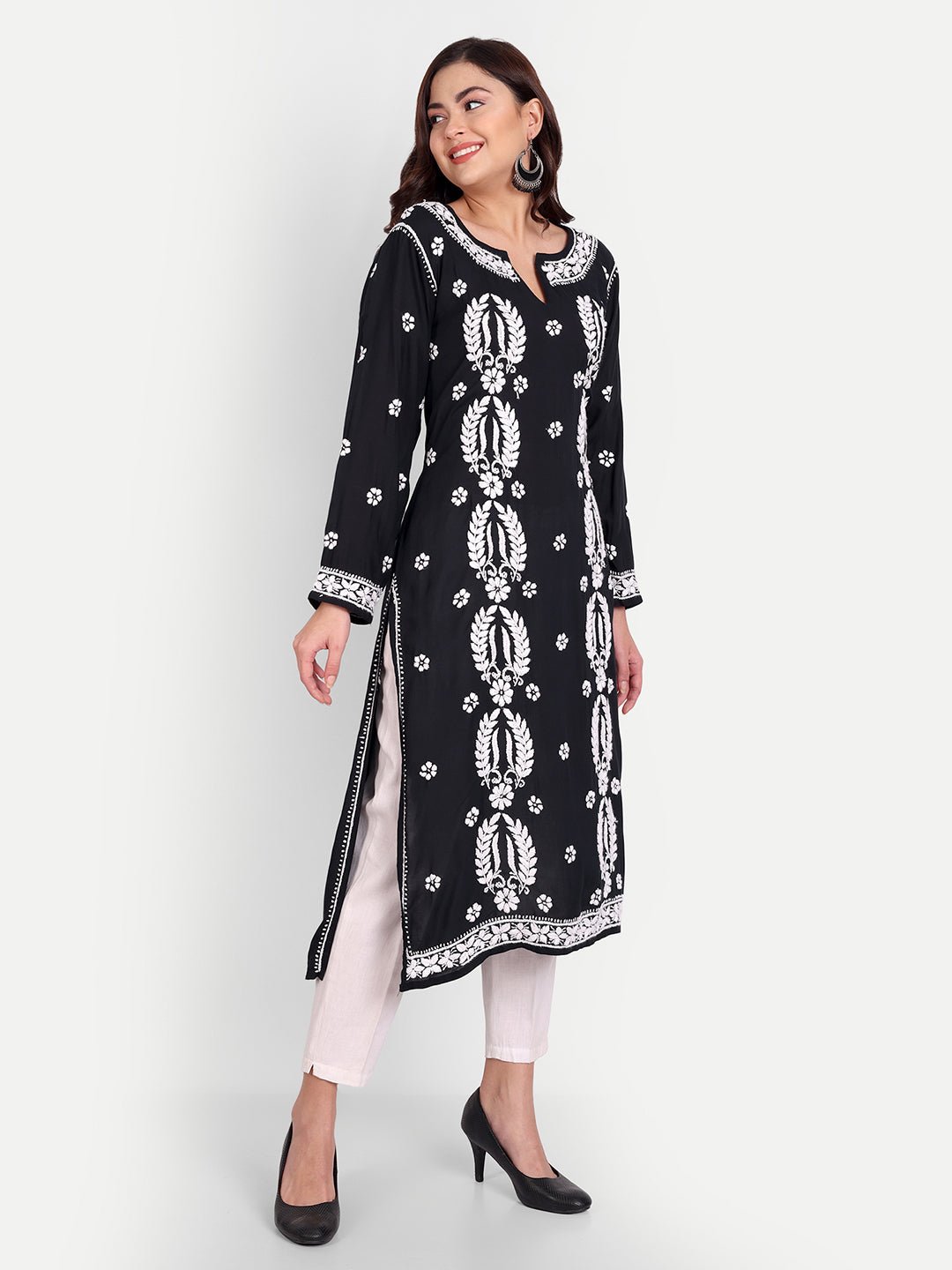 Lucknow Chikankari Hand Embroidered Long kurta Modal Cotton - Indiankala4u