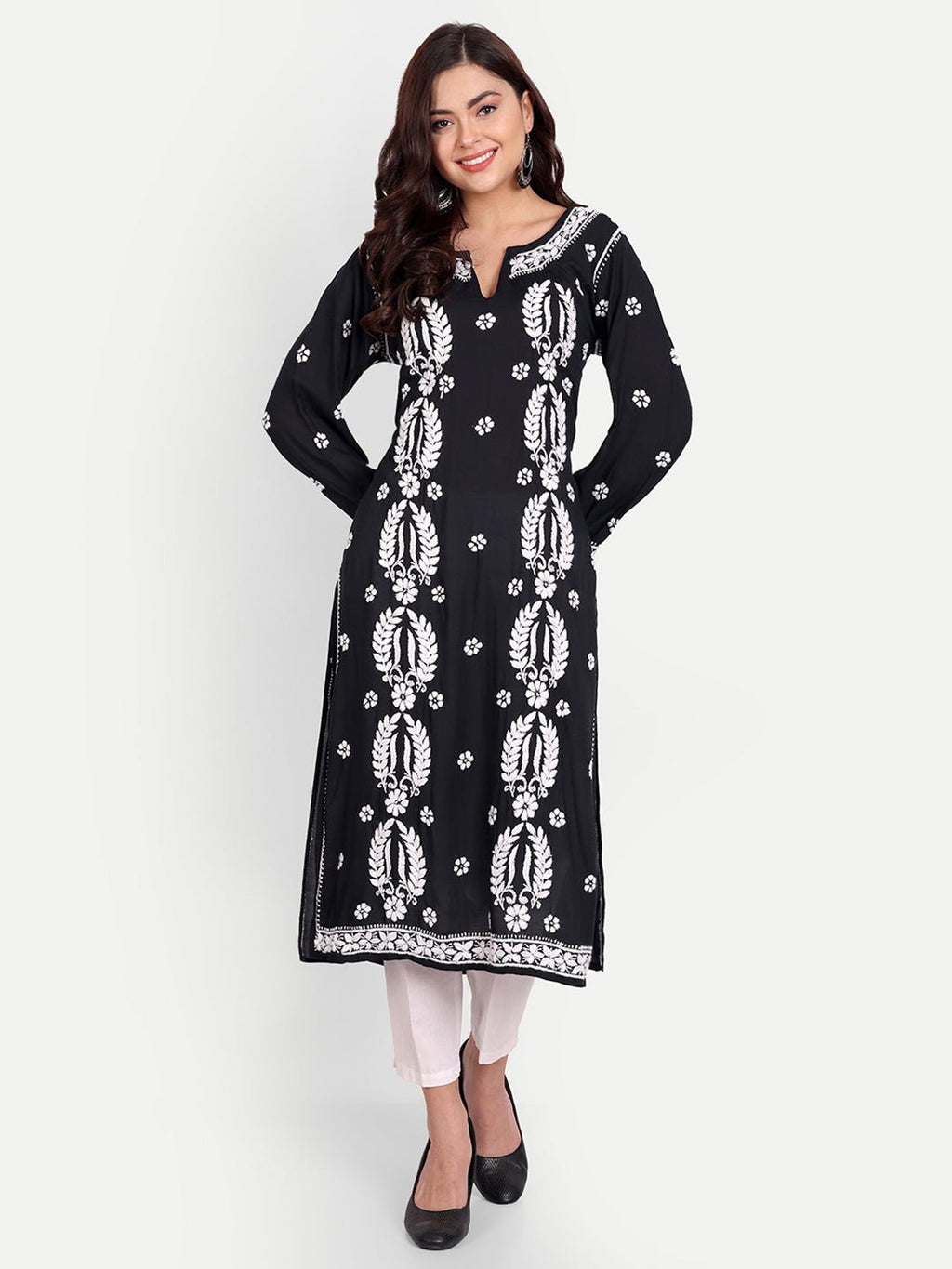 Lucknow Chikankari Hand Embroidered Long kurta Modal Cotton - Indiankala4u