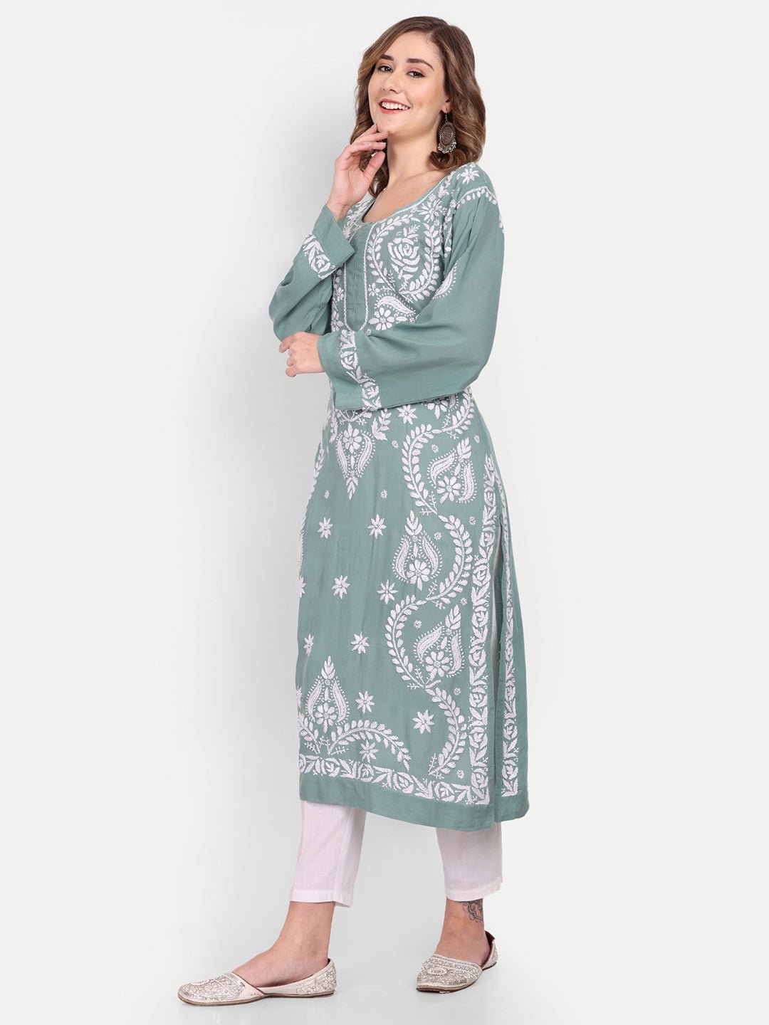 Lucknow Chikankari Hand Embroidered Long kurta Modal Cotton - Indiankala4u