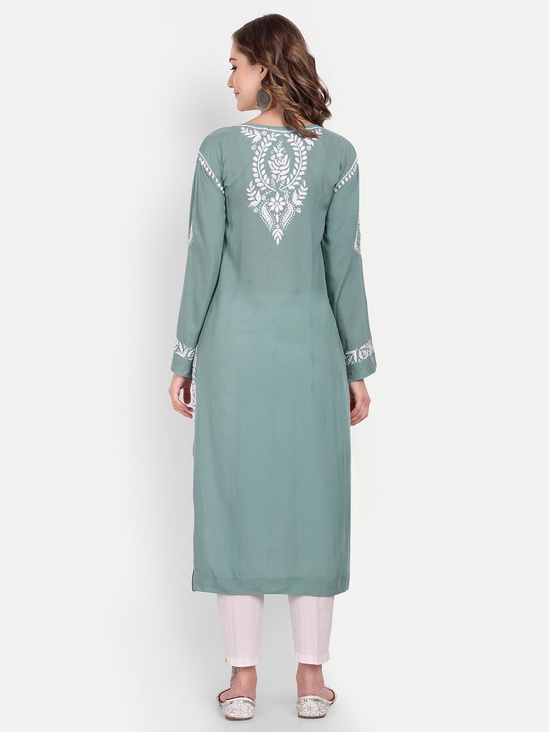Lucknow Chikankari Hand Embroidered Long kurta Modal Cotton - Indiankala4u