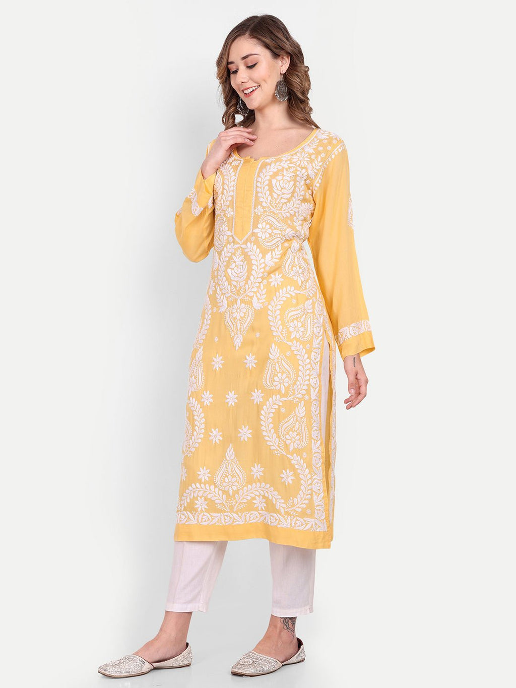 Lucknow Chikankari Hand Embroidered Long kurta Modal Cotton - Indiankala4u