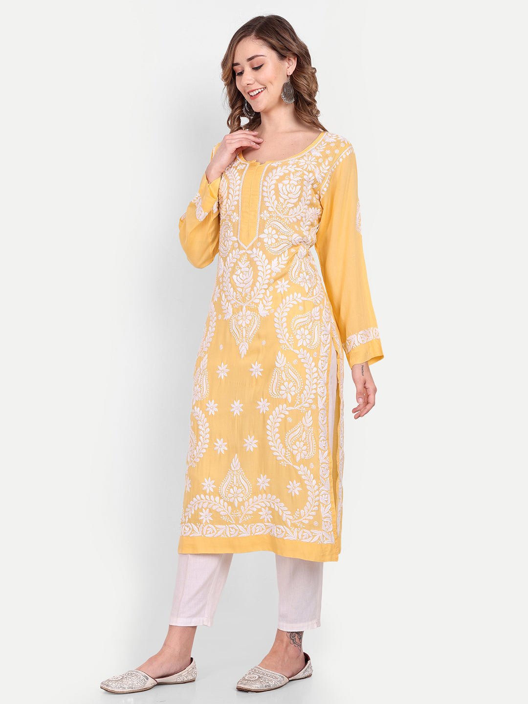 Lucknow Chikankari Hand Embroidered Long kurta Modal Cotton - Indiankala4u