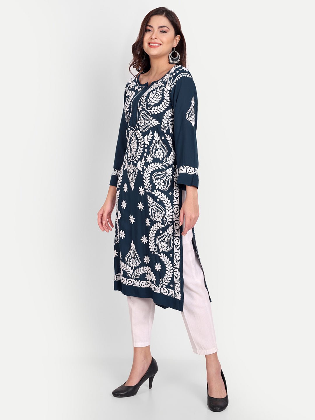 Lucknow Chikankari Hand Embroidered Long kurta Modal Cotton - Indiankala4u