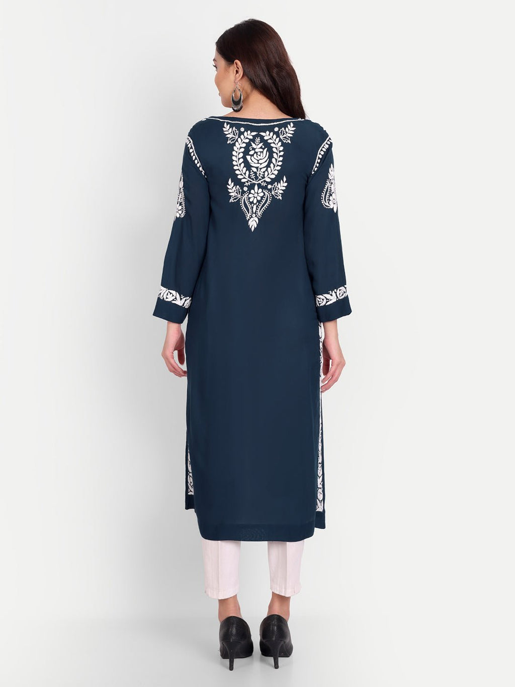 Lucknow Chikankari Hand Embroidered Long kurta Modal Cotton - Indiankala4u