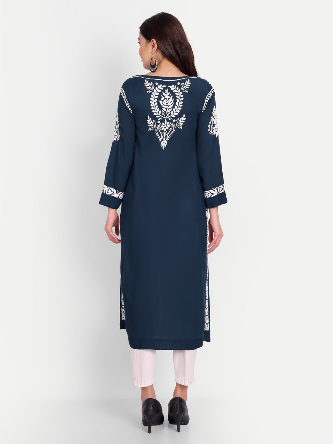 Lucknow Chikankari Hand Embroidered Long kurta Modal Cotton - Indiankala4u