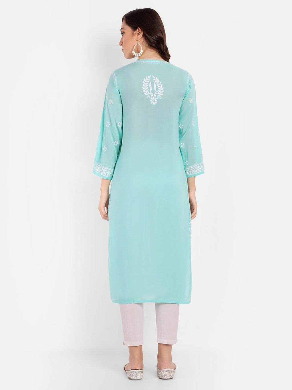 Lucknow Chikankari Hand Embroidered Long kurta Modal Cotton - Indiankala4u