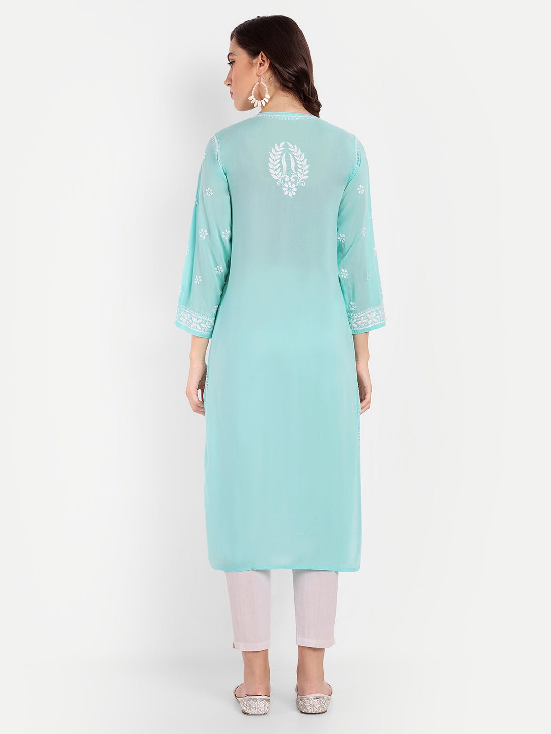 Lucknow Chikankari Hand Embroidered Long kurta Modal Cotton - Indiankala4u