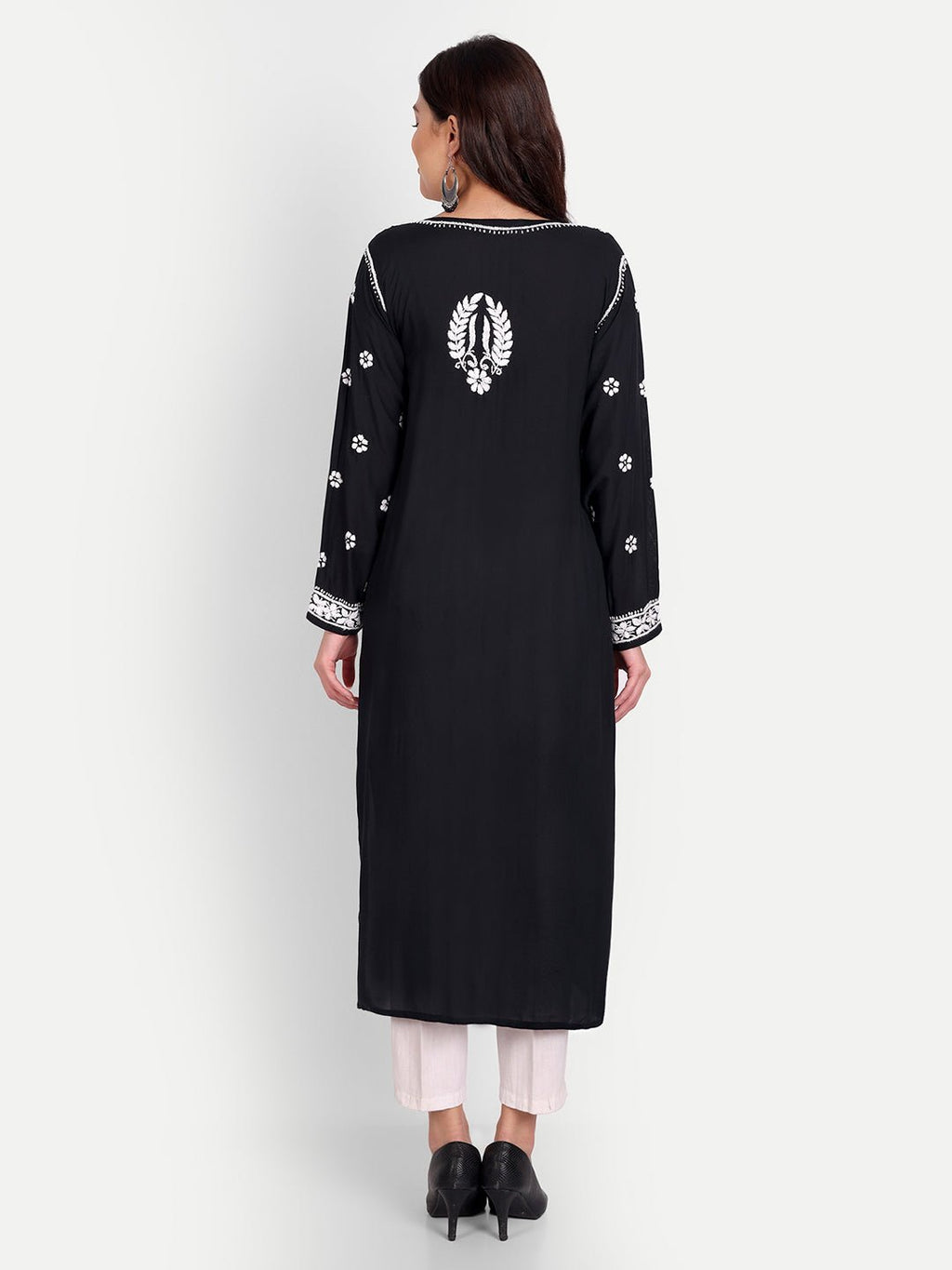 Lucknow Chikankari Hand Embroidered Long kurta Modal Cotton - Indiankala4u