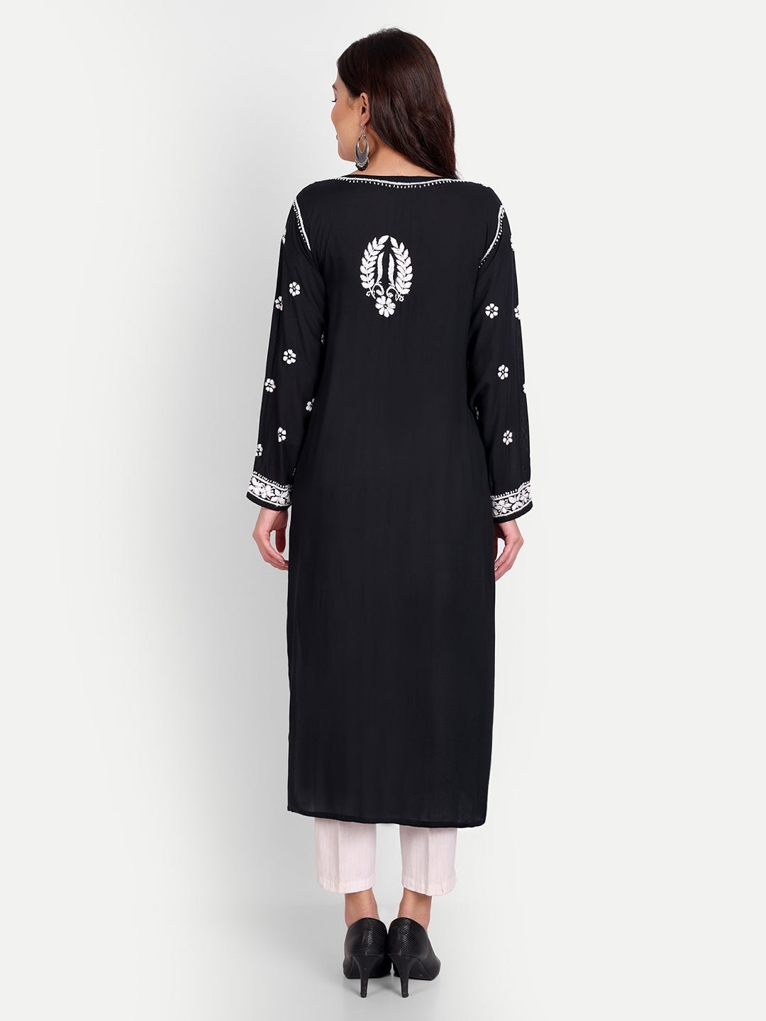 Lucknow Chikankari Hand Embroidered Long kurta Modal Cotton - Indiankala4u