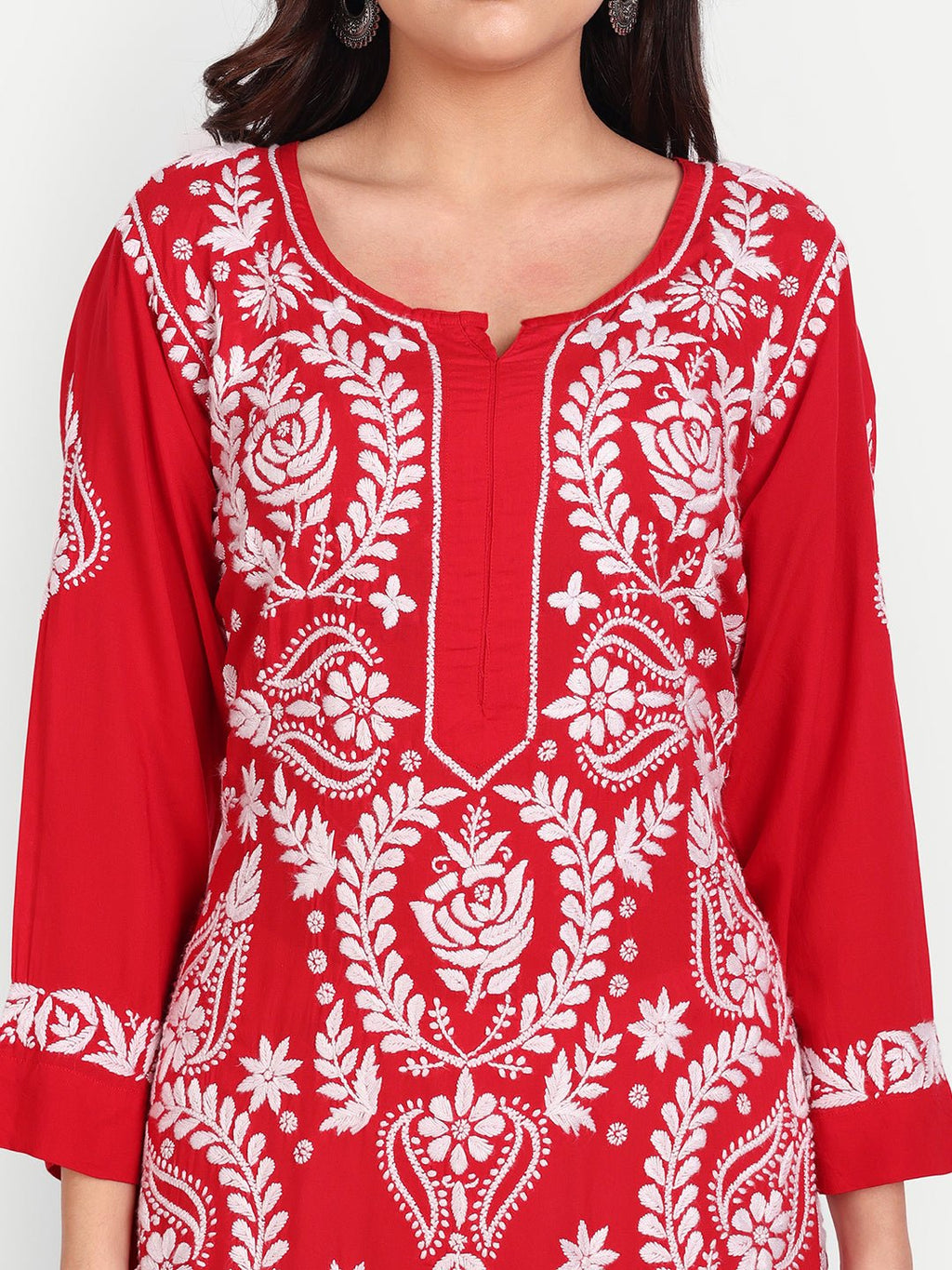 Lucknow Chikankari Hand Embroidered Long kurta Modal Cotton - Indiankala4u