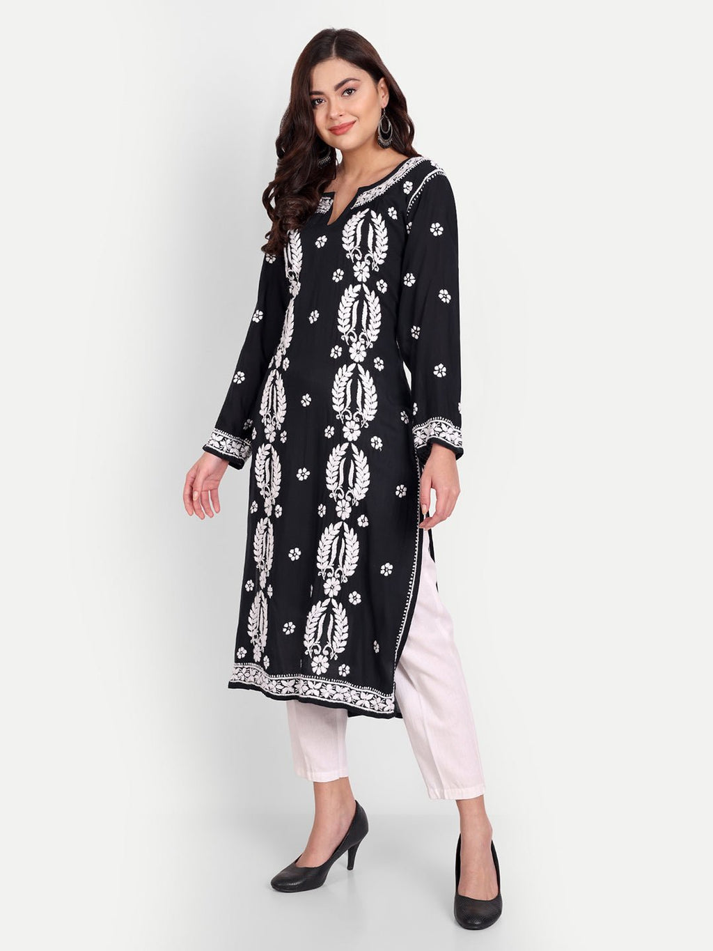 Lucknow Chikankari Hand Embroidered Long kurta Modal Cotton - Indiankala4u
