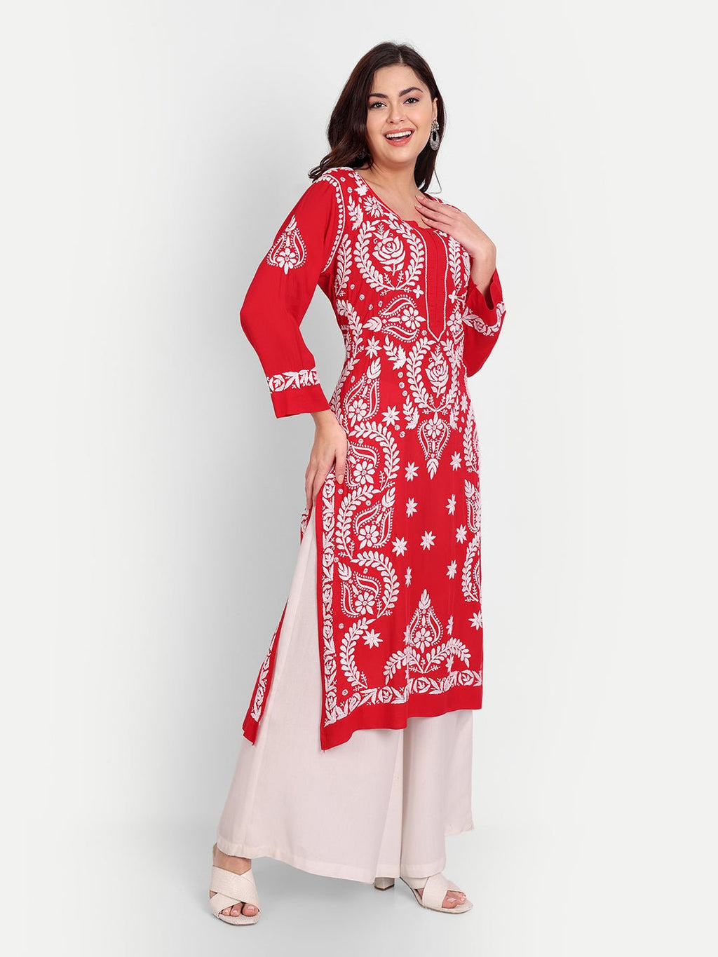 Lucknow Chikankari Hand Embroidered Long kurta Modal Cotton - Indiankala4u