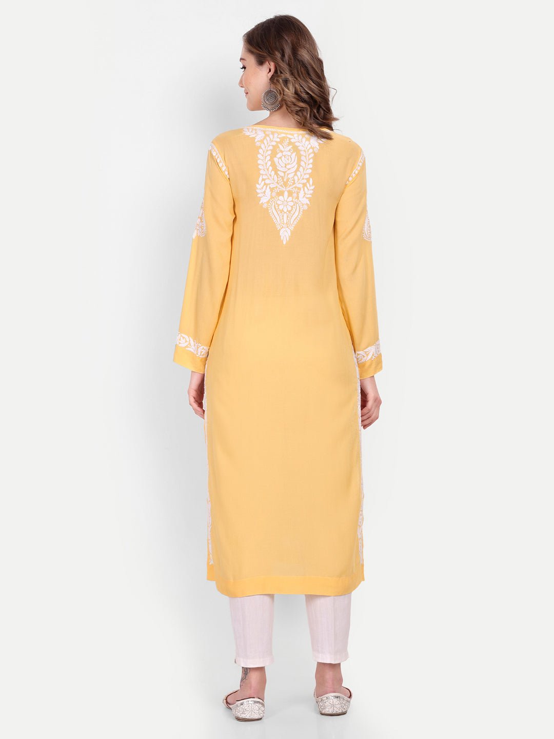Lucknow Chikankari Hand Embroidered Long kurta Modal Cotton - Indiankala4u