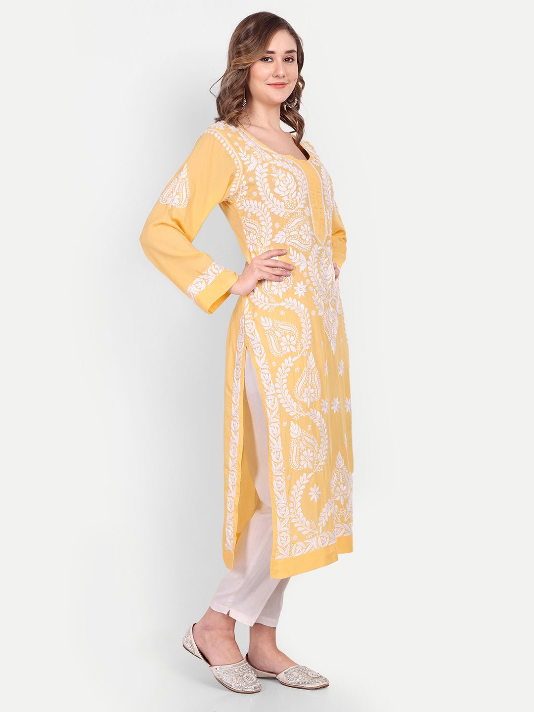 Lucknow Chikankari Hand Embroidered Long kurta Modal Cotton - Indiankala4u