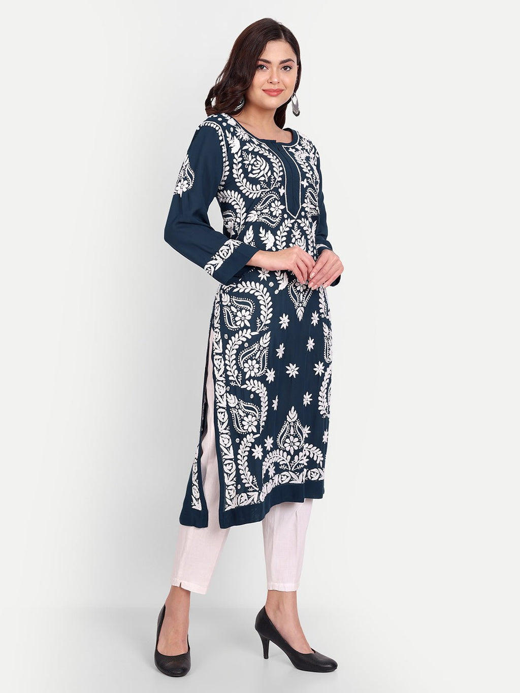 Lucknow Chikankari Hand Embroidered Long kurta Modal Cotton - Indiankala4u