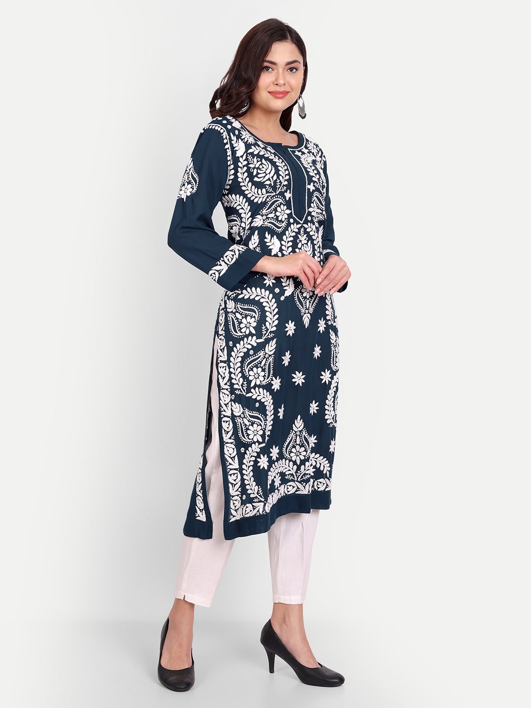 Lucknow Chikankari Hand Embroidered Long kurta Modal Cotton - Indiankala4u