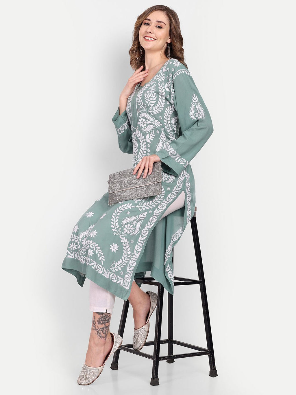 Lucknow Chikankari Hand Embroidered Long kurta Modal Cotton - Indiankala4u