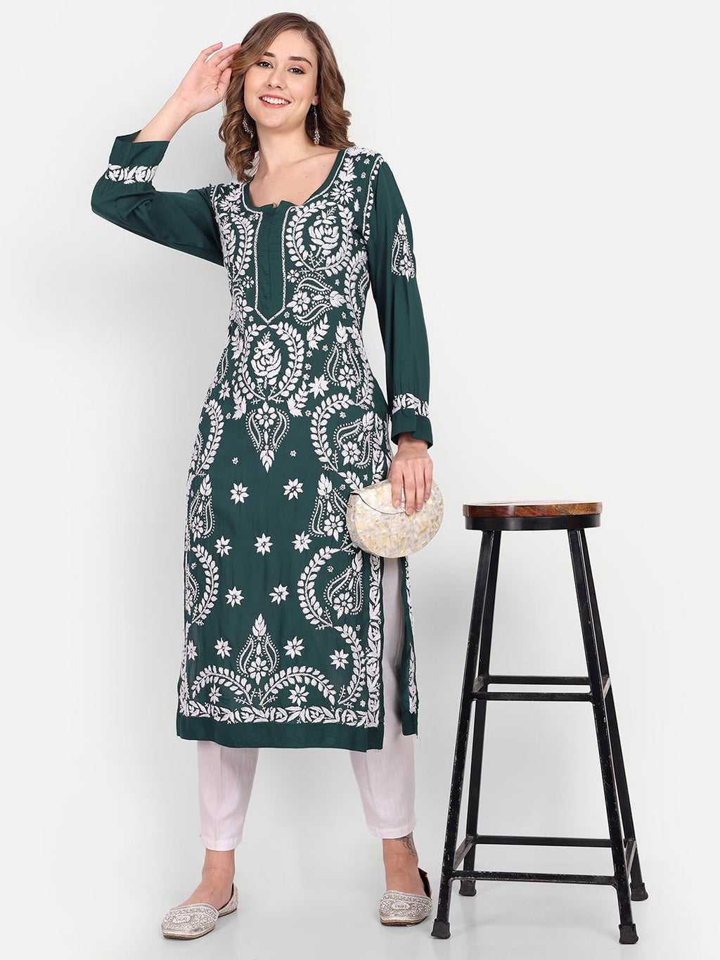 Lucknow Chikankari Hand Embroidered Long kurta Modal Cotton - Indiankala4u