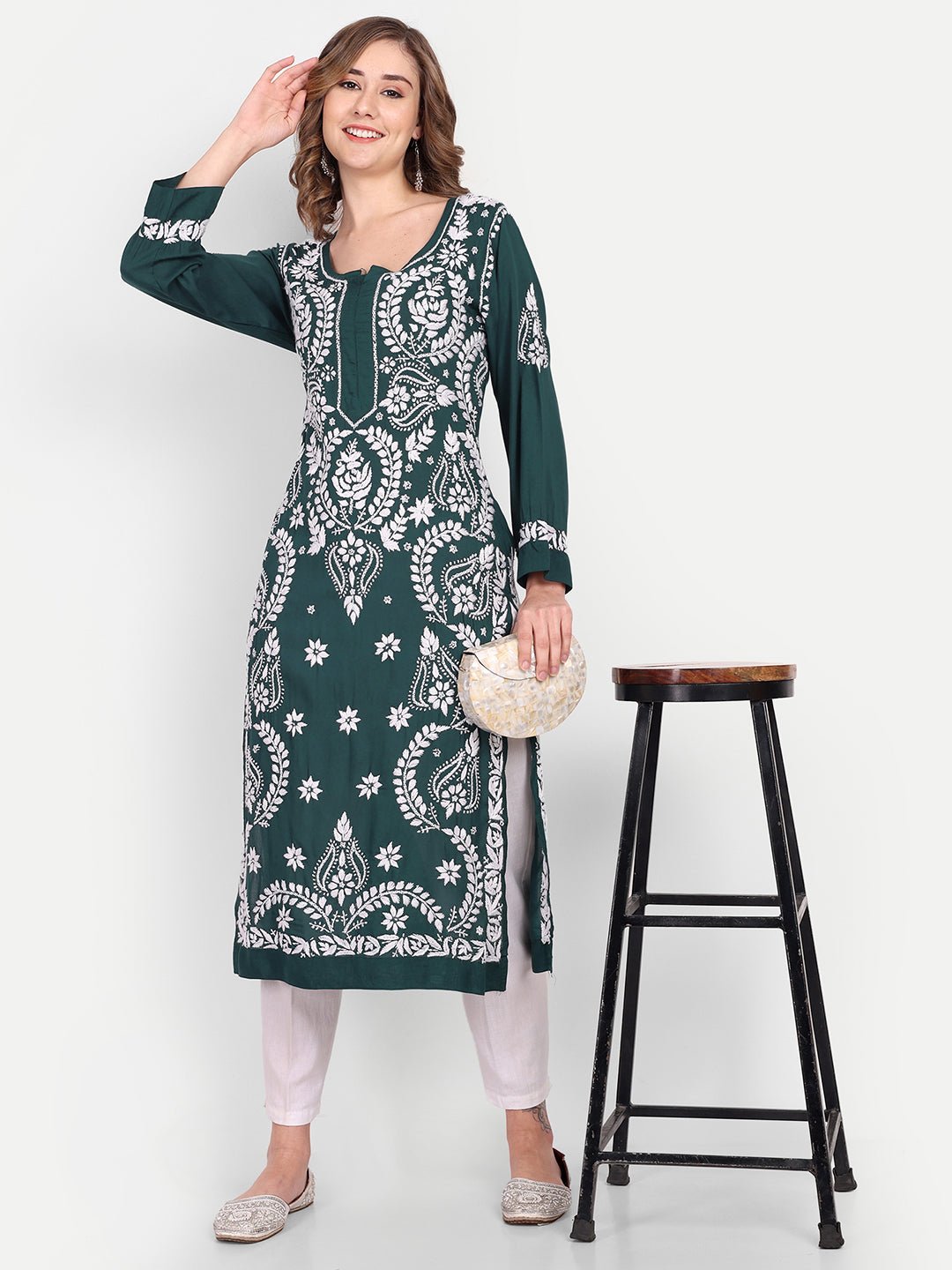 Lucknow Chikankari Hand Embroidered Long kurta Modal Cotton - Indiankala4u