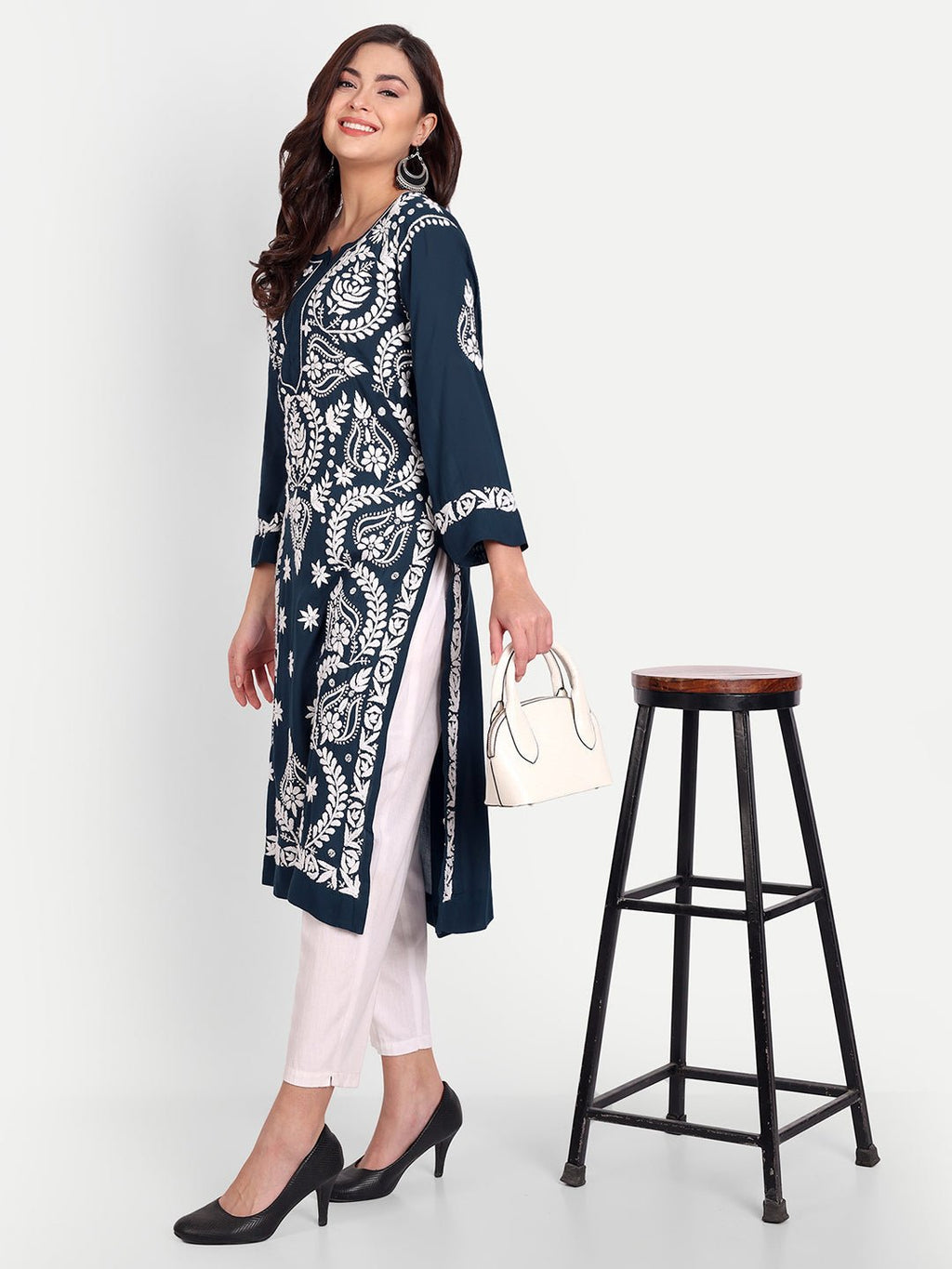 Lucknow Chikankari Hand Embroidered Long kurta Modal Cotton - Indiankala4u
