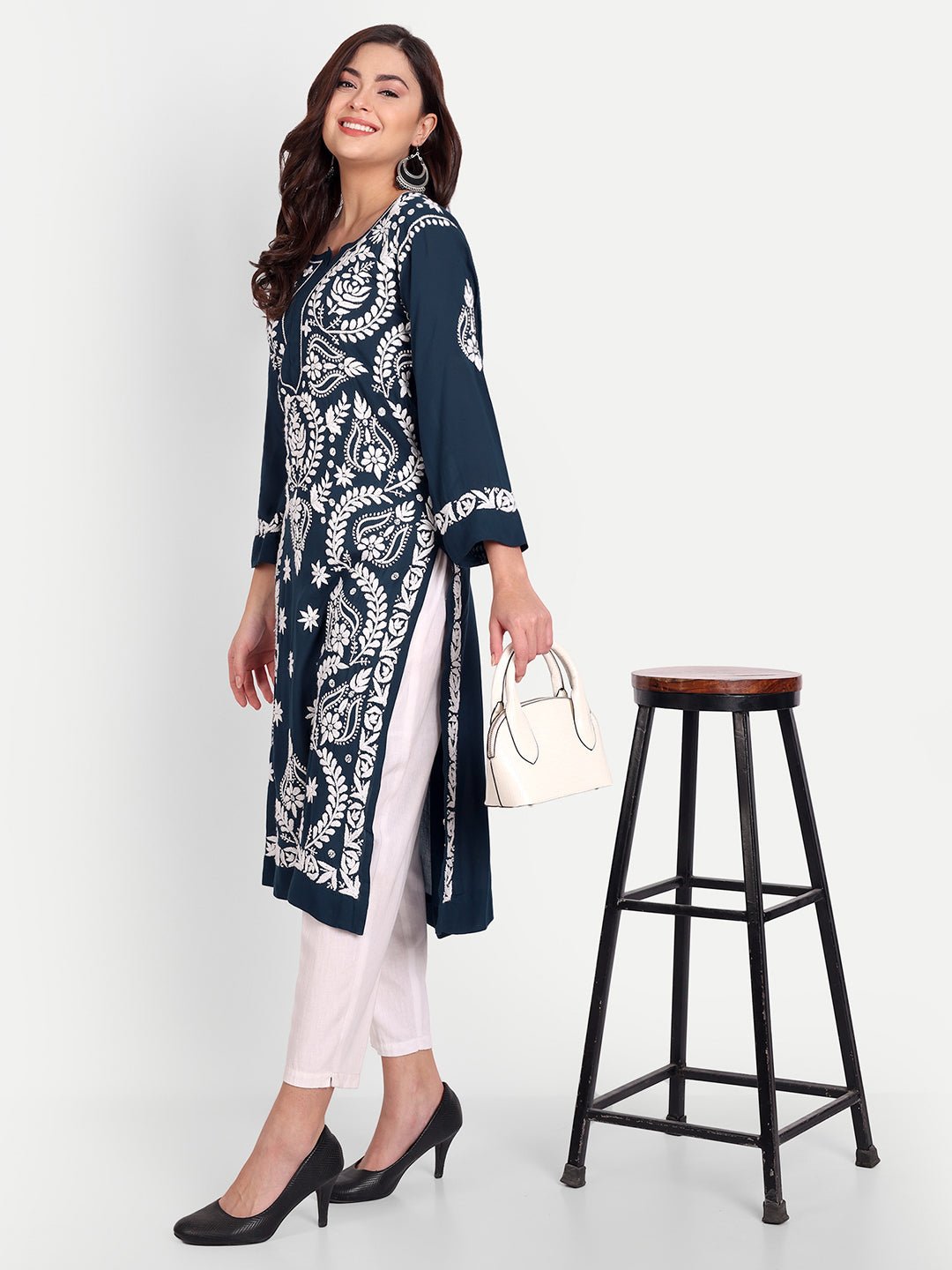 Lucknow Chikankari Hand Embroidered Long kurta Modal Cotton - Indiankala4u