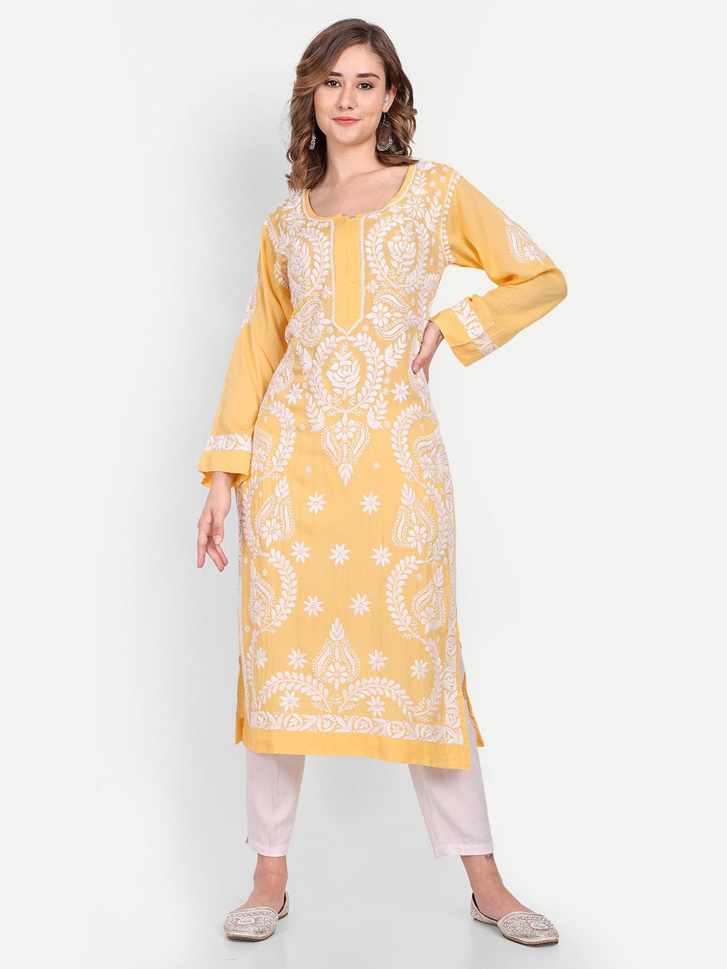 Lucknow Chikankari Hand Embroidered Long kurta Modal Cotton - Indiankala4u