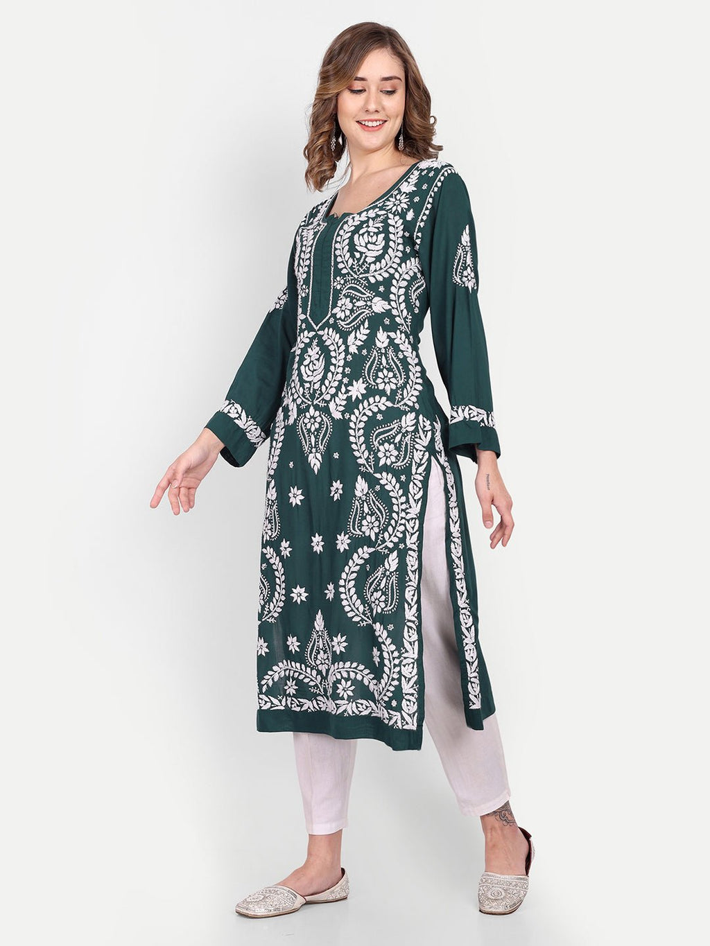 Lucknow Chikankari Hand Embroidered Long kurta Modal Cotton - Indiankala4u