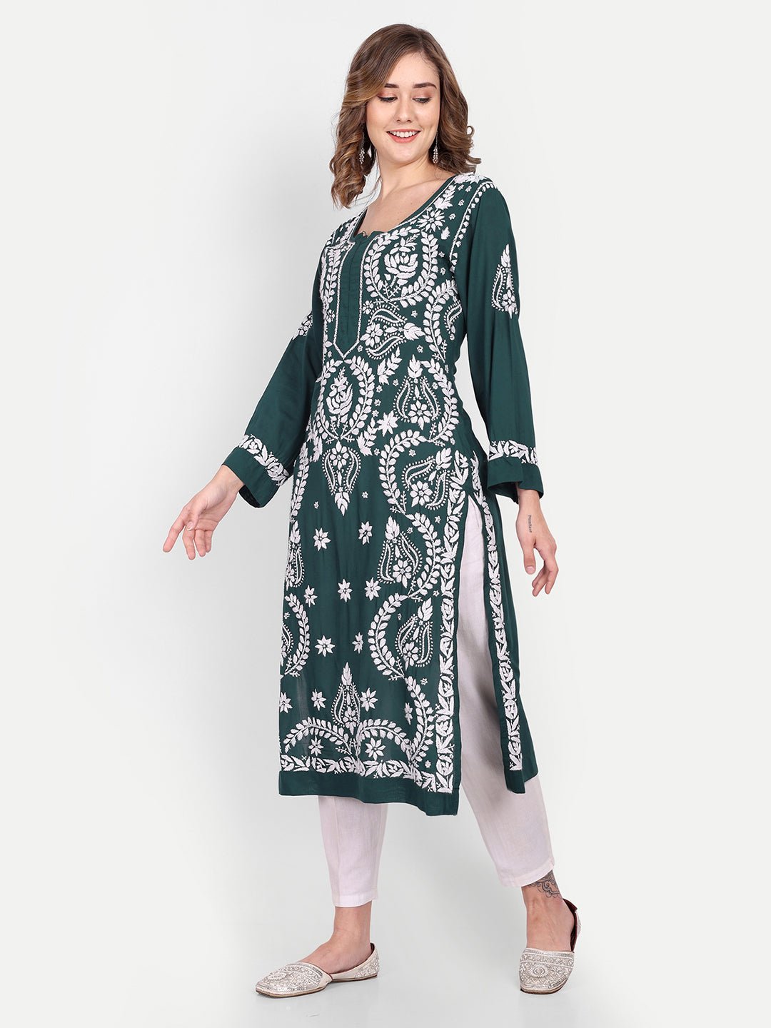 Lucknow Chikankari Hand Embroidered Long kurta Modal Cotton - Indiankala4u