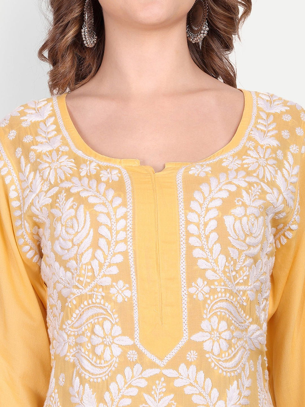 Lucknow Chikankari Hand Embroidered Long kurta Modal Cotton - Indiankala4u