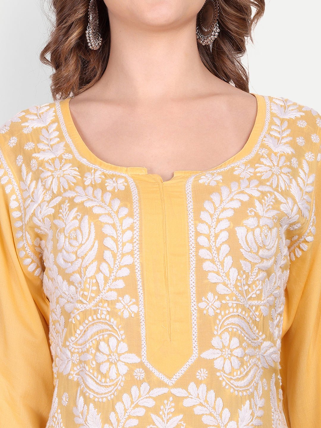 Lucknow Chikankari Hand Embroidered Long kurta Modal Cotton - Indiankala4u