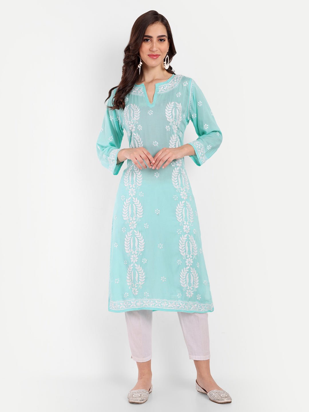 Lucknow Chikankari Hand Embroidered Long kurta Modal Cotton - Indiankala4u