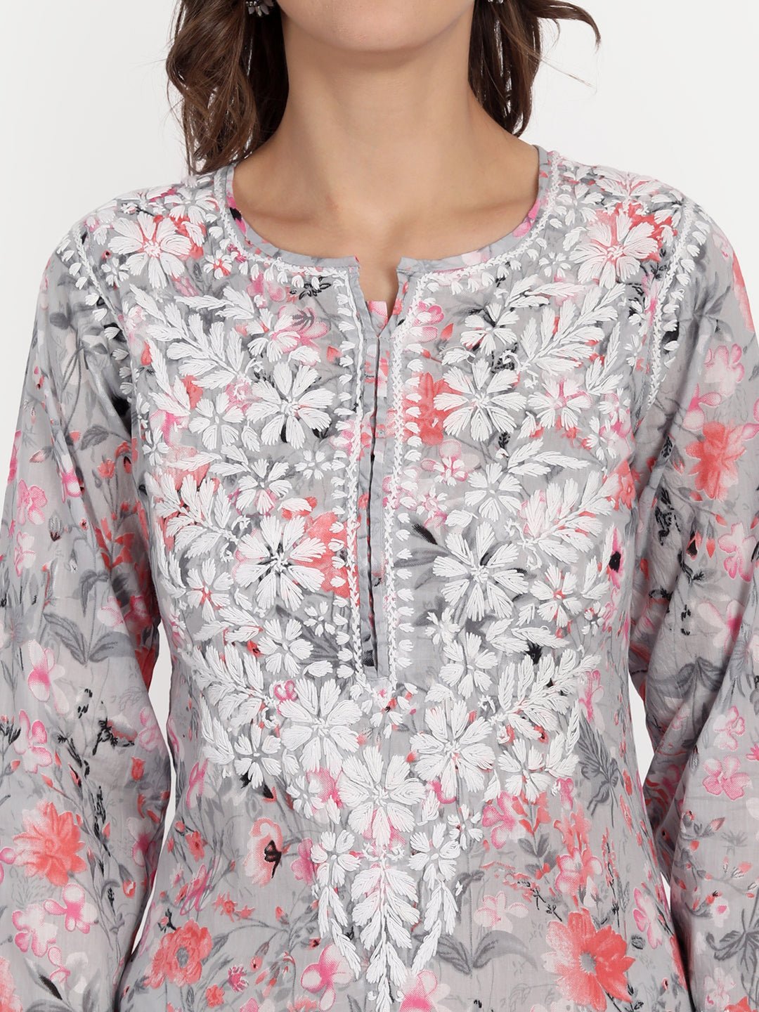 Lucknow Chikankari Hand Embroidered Long Kurta Mulmul - Indiankala4u